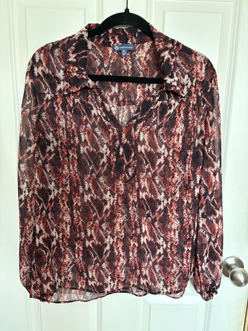 Democracy Brown & Red Snake-Print Sheer V-Neck Blouse